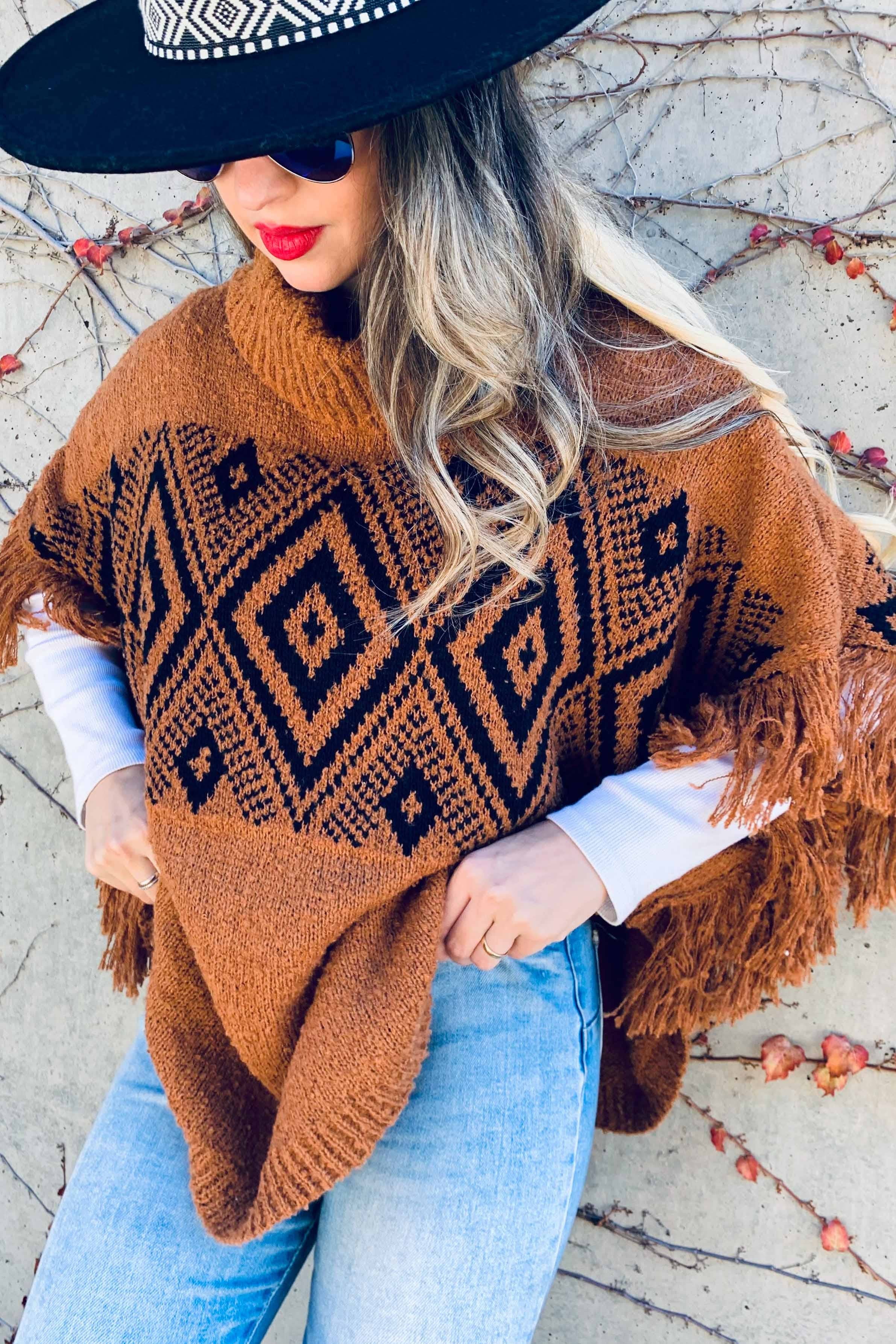 AMOLI - Wholesale Knit Sweater - Women's - Aztec Printed Turtleneck Fringe Light Weight Soft Poncho5
