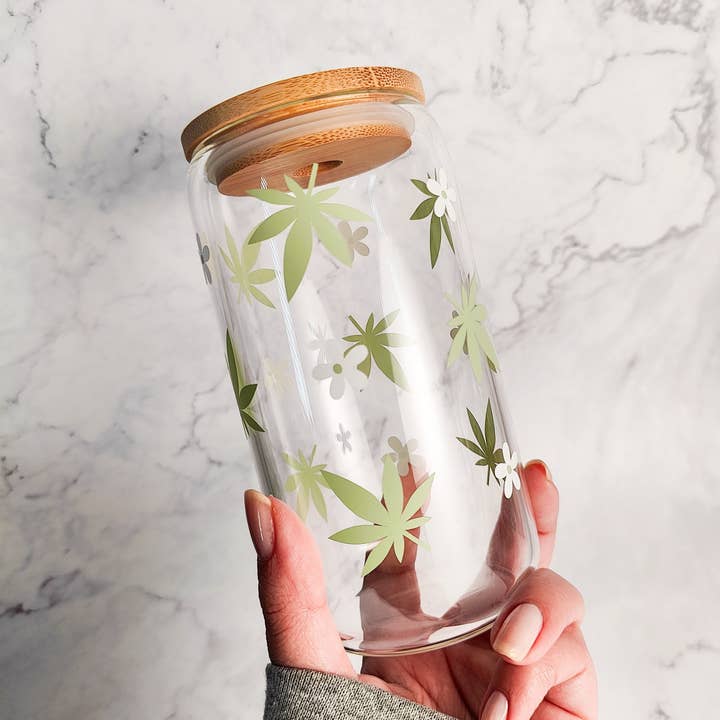 Hemp Leaves & Daisies Cannabis Glass Coffee Cup 16-20oz for wholesale by honeysheshome