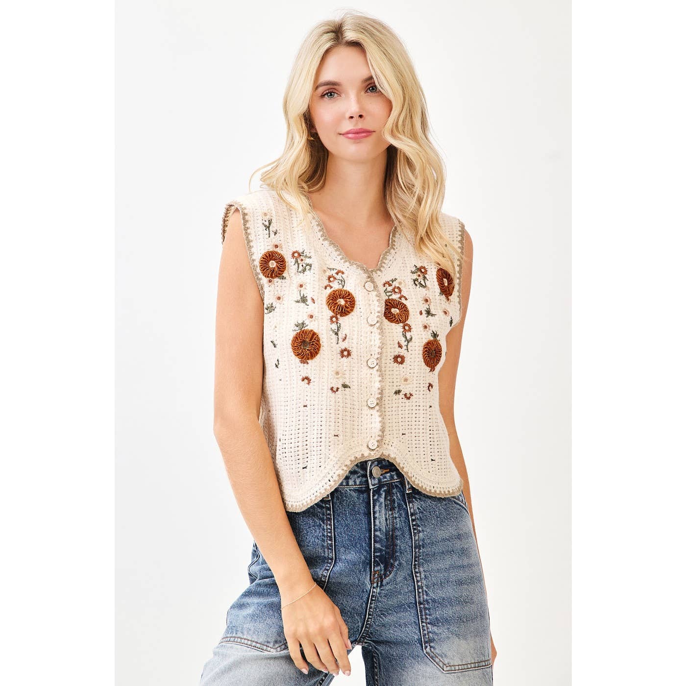 mittoshop - Wholesale Sweater Vest - Women's - FLORAL EMBROIDERY SLEEVELESS VEST CROCHET TOP8
