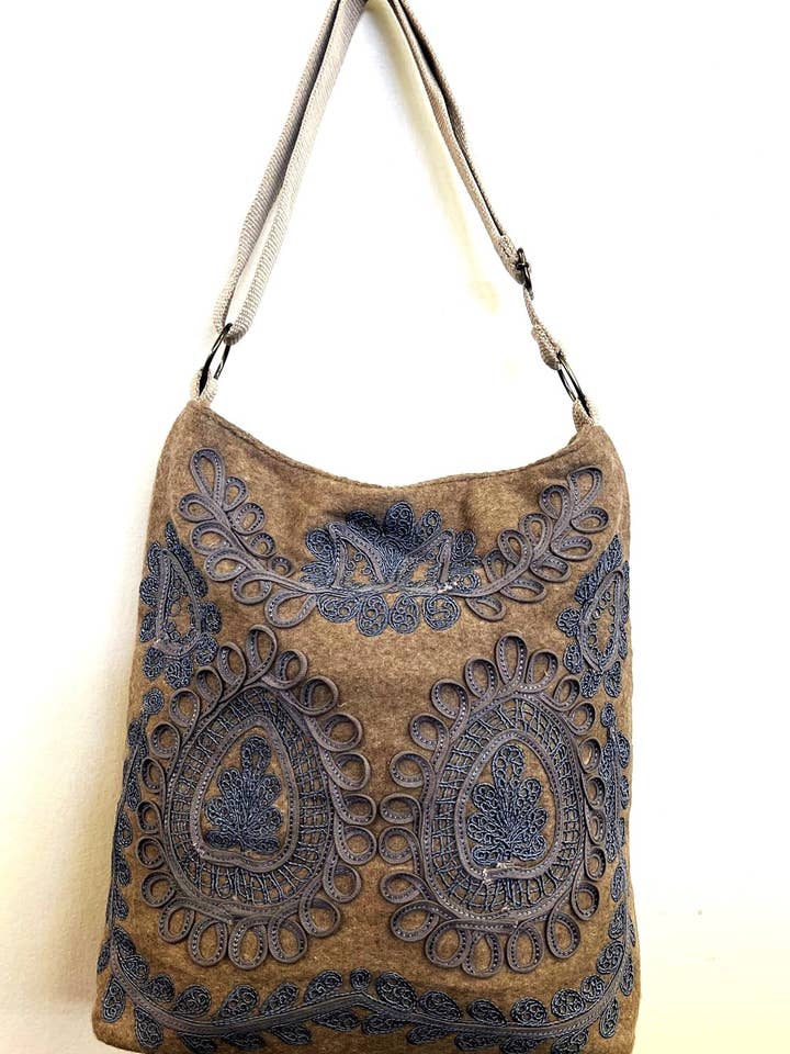 WOOL FELT TOTE - Cord Embroidered for wholesale by Ricki designs