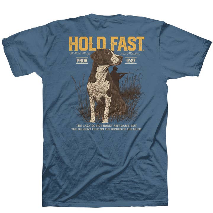 Indigo Blue HOLD FAST Mens T-Shirt Hunting Dog for wholesale on Faire1
