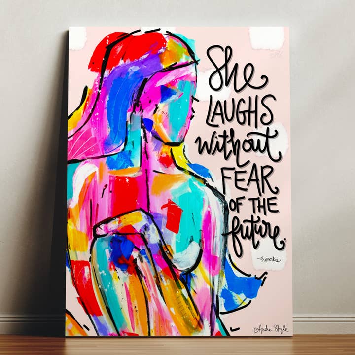 Elle rit Psaumes Citation Inspirante Toile Imprimée - Peinture d'Art Chrétien Écriture Colorée pour la vente par Audra Style