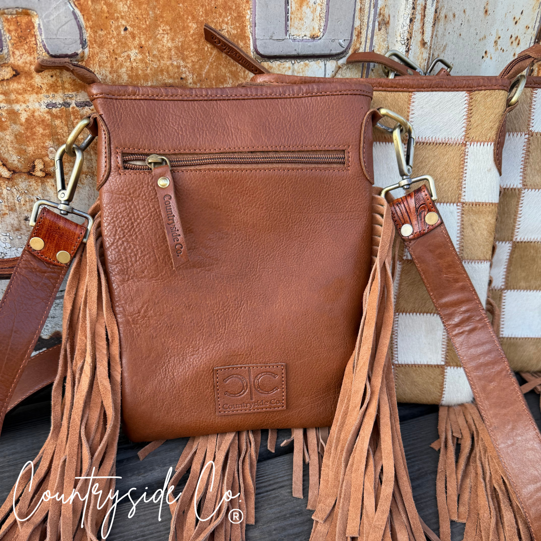 Texas Western Cowhide Bags and More - Wholesale Crossbodytas - Dames - Stockdale Geruite Koeienhuid Franje Tas, Bruin & Wit1