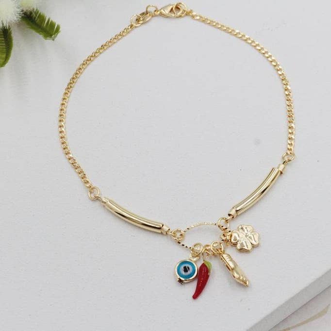 Cherie by Cherie - Vente Bracelets de cheville - Bracelet de cheville avec pendentifs en trèfle à quatre feuilles, mauvais œil, piment, main de Figa