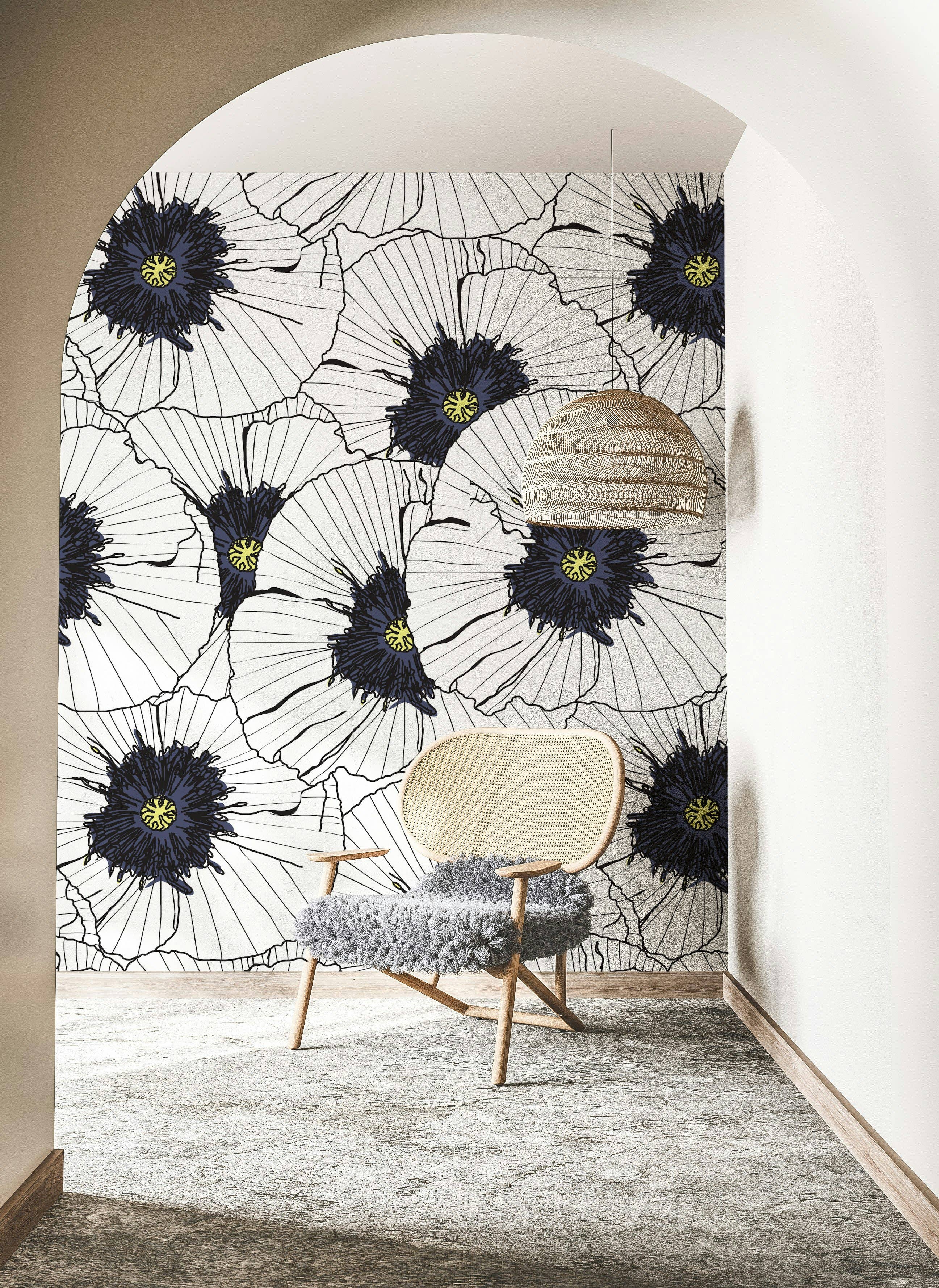 GK Home Decor – wholesale Wallpaper – Vector Draw Flowers Background Black and White Floral Mural1