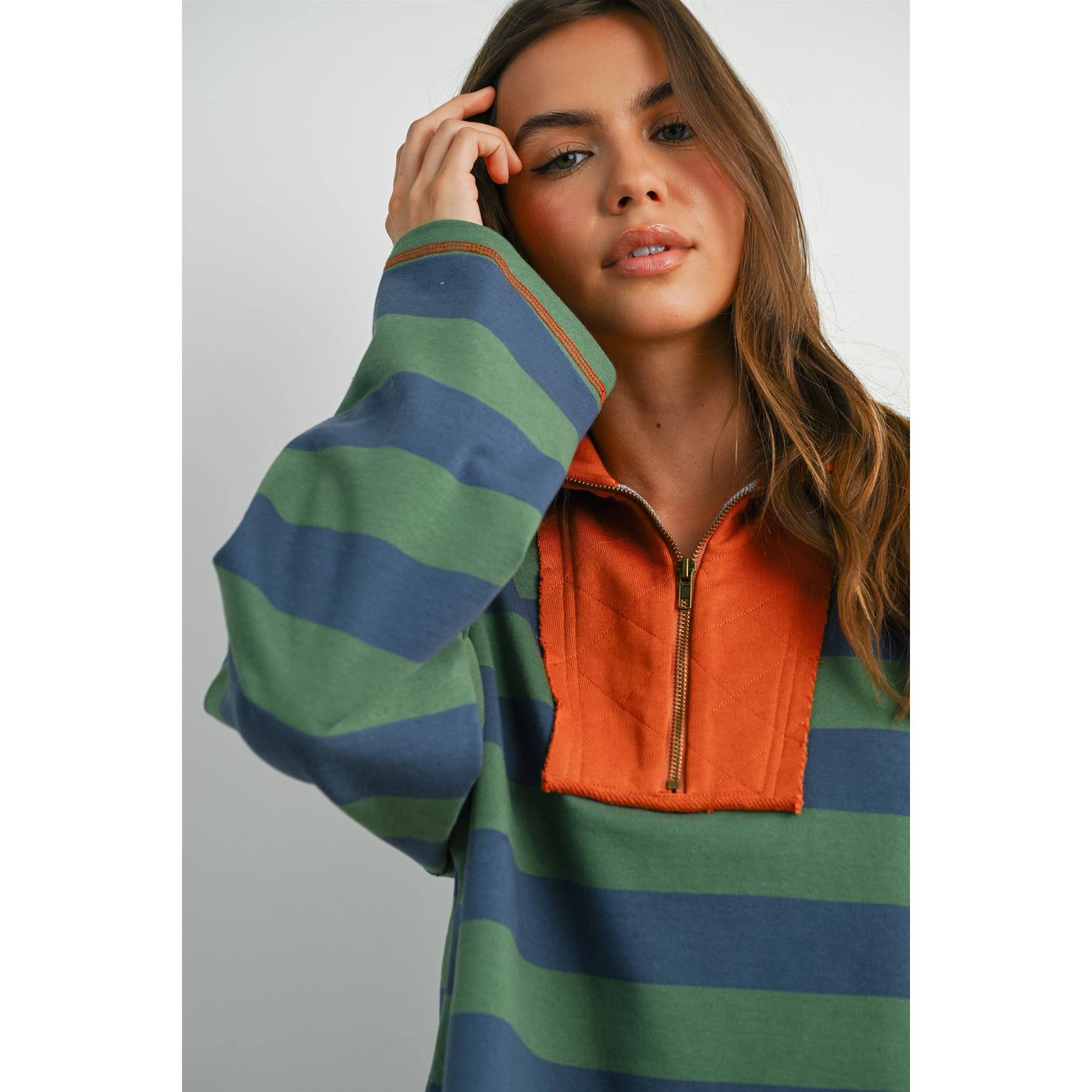 BUTTERMELON - Wholesale Sweatshirt - Women's - Striped Quarter-Zip Contrast Collar Sweatshirt - BMT797423