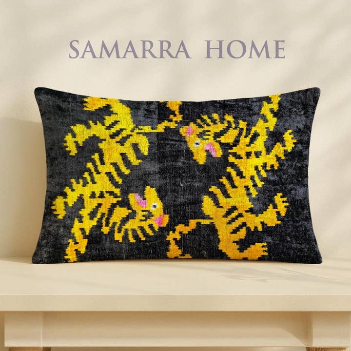 Silk Velvet Ikat Throw Pillow with Tiger Pattern for wholesale by Samarra Home