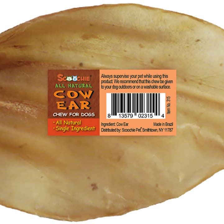 Scoochie Pet Products - Wholesale Pet Treats - Dog - Natural Cow Ear Shrink With UPC and Color Sticker0