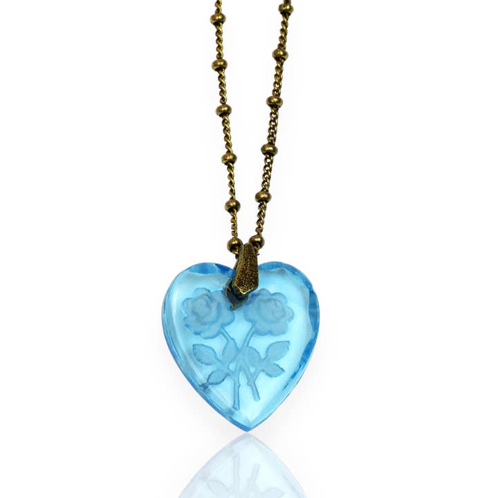 Aqua Vintage Floral Etched Glass Heart Pendant Necklace for wholesale by Anne Koplik Designs, Inc.