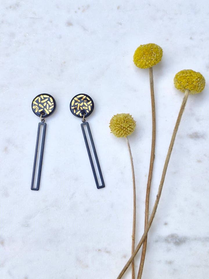 Handmade Confetti Dangle Studs in Porcelain with Brass Bars for wholesale by Little Lovers