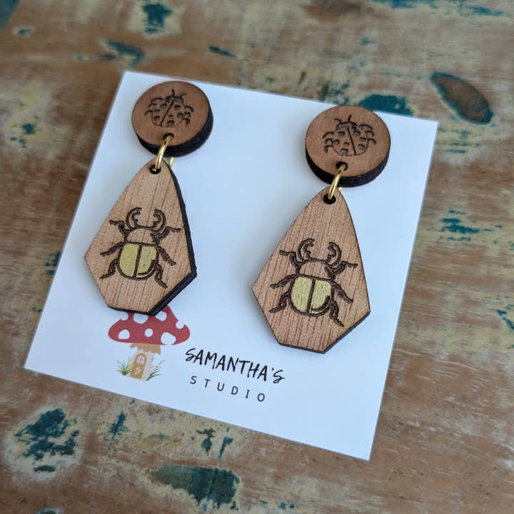 Samantha's Studio - Wholesale Dangle earrings - Beetle Bug Dangle Earrings - wooden1