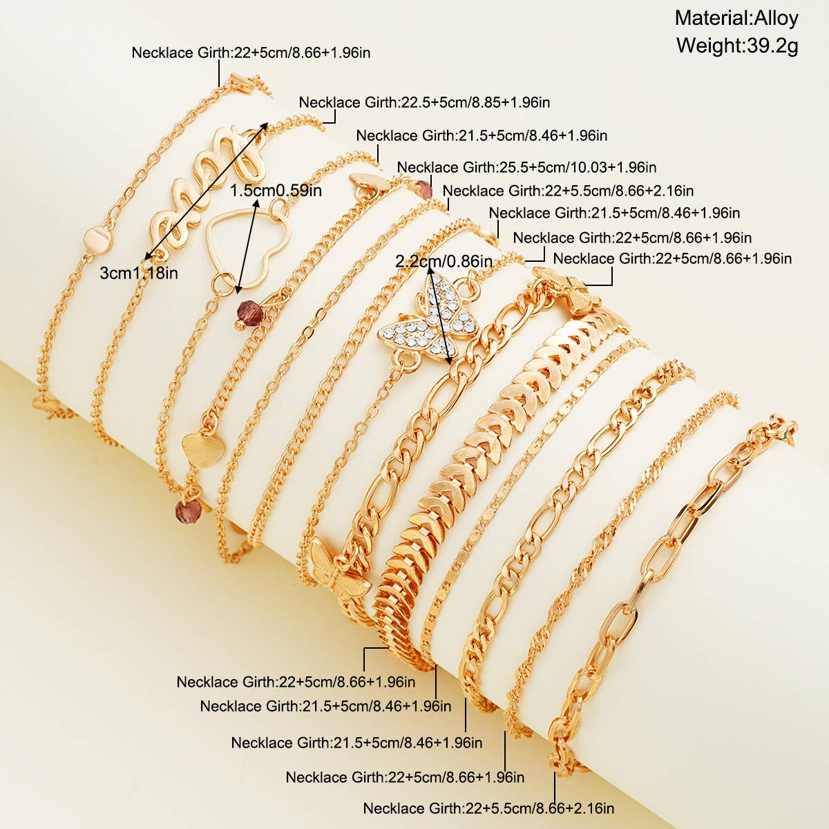 Yellow 13-Piece Gold Butterfly & Heart Alloy Anklet Set ZK2972 for wholesale on Faire5