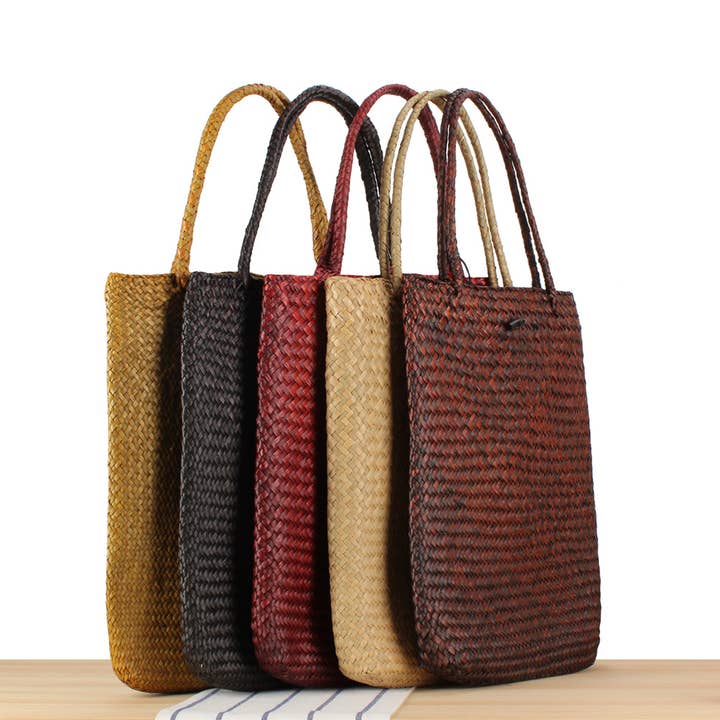 Superbia - Wholesale Tote Bag - Women's - Large Flat Vintage Tote Bag Straw Bag with Buttons Fastening
