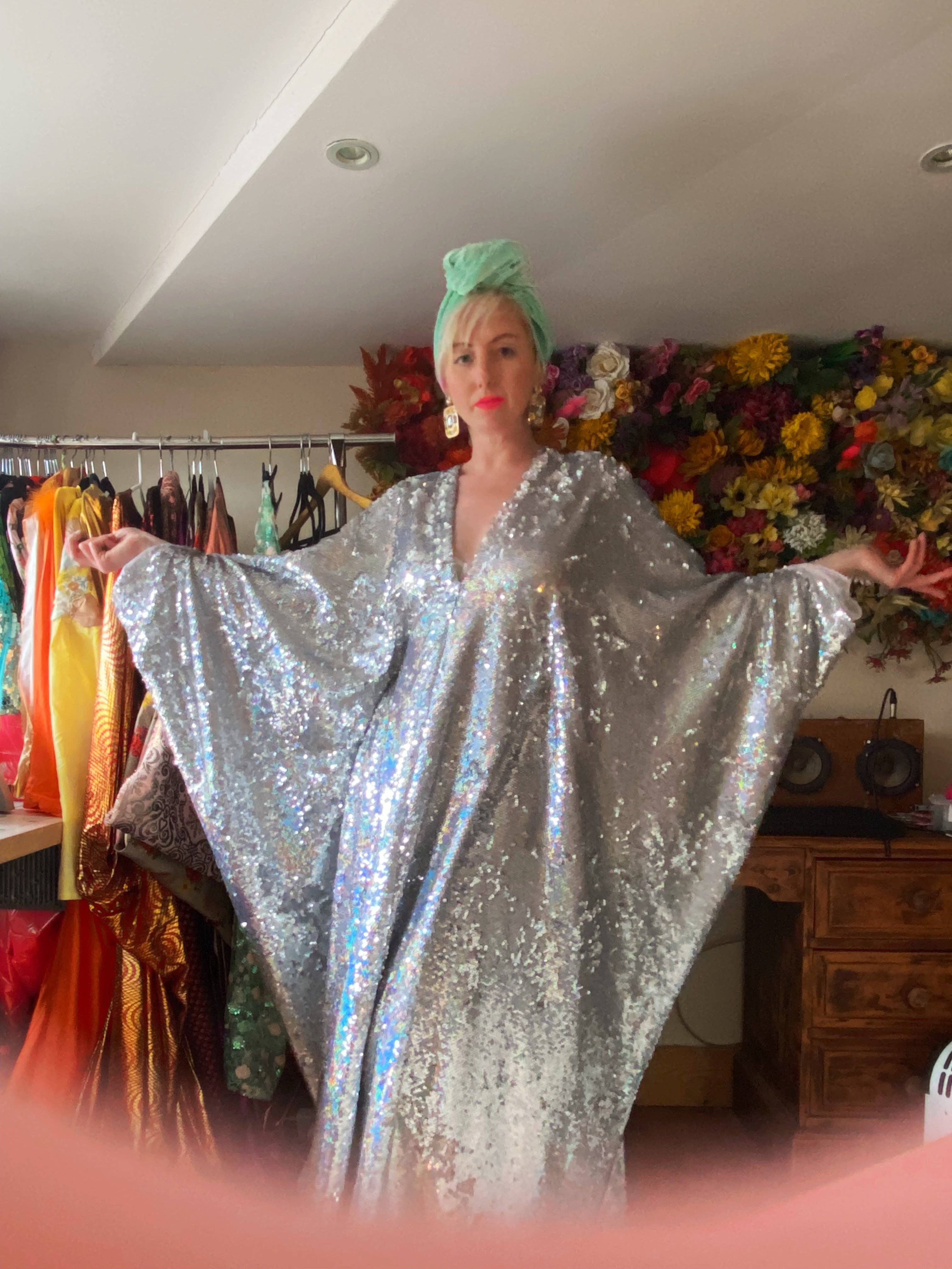 Fumbalinas – wholesale Kaftan – Women's – Silver Metallic Holographic/  Sequin Kaftan Gown / Dress50
