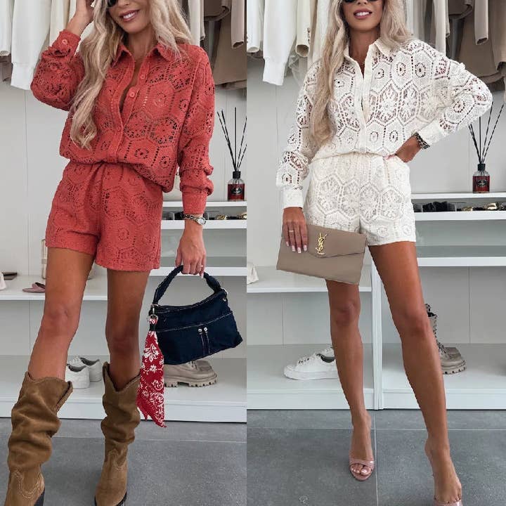 Conjunto informal de top con cuello con encaje y shorts para venta al por mayor de Halcyon Outfitters®