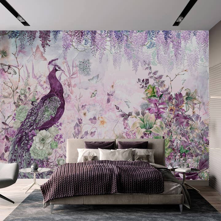 GK Home Decor - Vendita all'ingrosso Carta da parati - Murale di carta da parati con pavone e accenti floreali e glicine