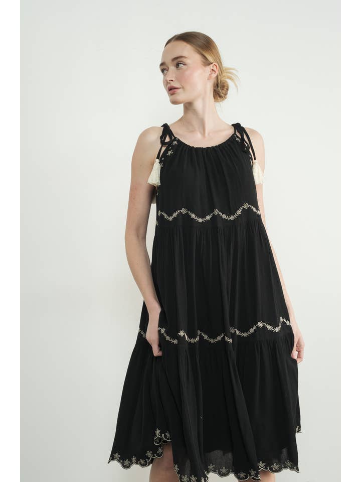 Aaron & Amber - Wholesale Dress - Women's - MAD3207 EMBROIDERED TIER DRESS WITH TASSEL TIE