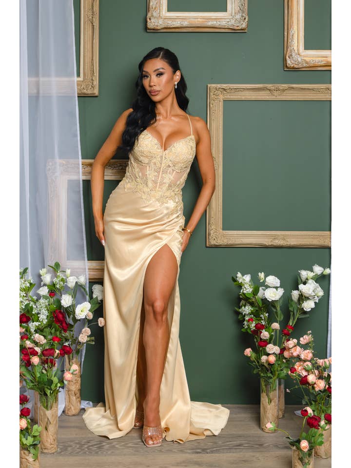 RICARICA INC. - Venta al por mayor Vestido de fiesta - Mujer - 7506_LUX VESTIDO LARGO CON CORDONES EN LA ESPALDA, BORDADO CON LENTEJUELAS Y CUENTAS