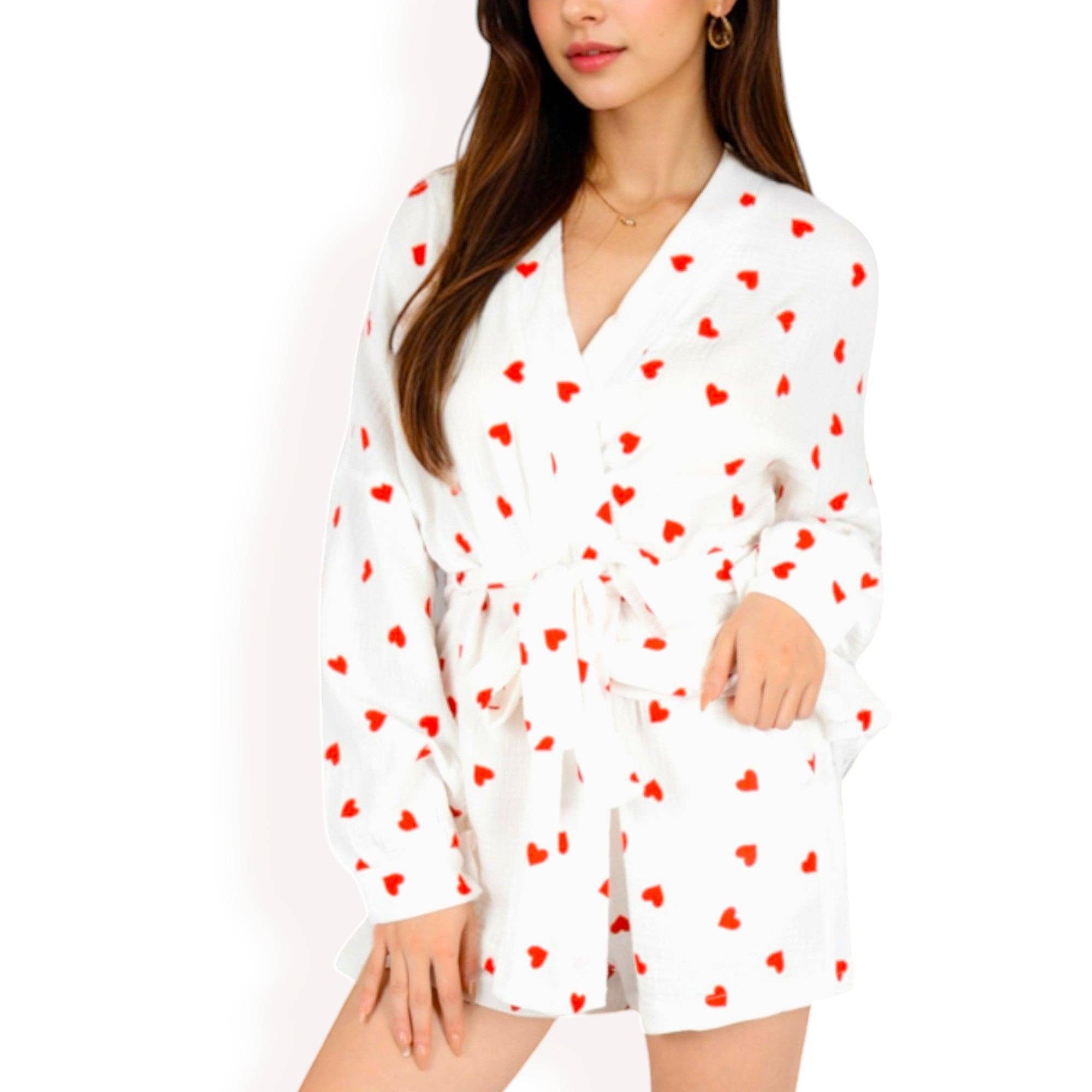 Anna Kaci Wholesale - Wholesale Sleepwear Set - Women's - Heart Print 2-Piece Pajama Set with Tie-Waist Robe0