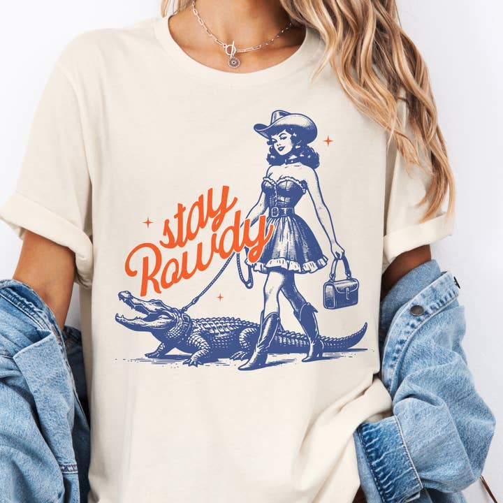Par.tees by Party On! - Wholesale T-Shirt (Graphic) - Women's - Western Stay Rowdy Retro Cowgirl Alligator Graphic Tee2