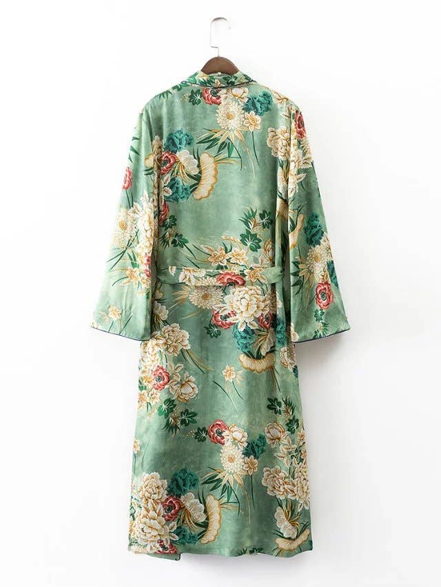 Vert Kimono long à imprimé floral rétro avec ceinture en vente sur Faire1