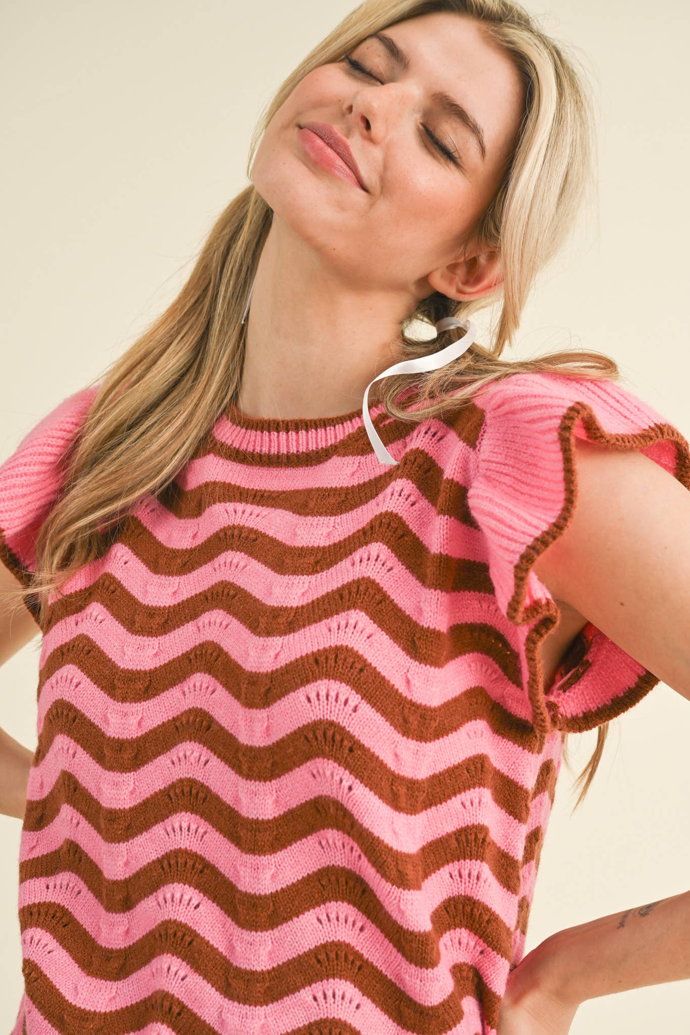 &MERCI - Wholesale Knit Sweater - Women's - WAVY STRIPES FLUTTER SLEEVE SWEATER TOP MSW1050925