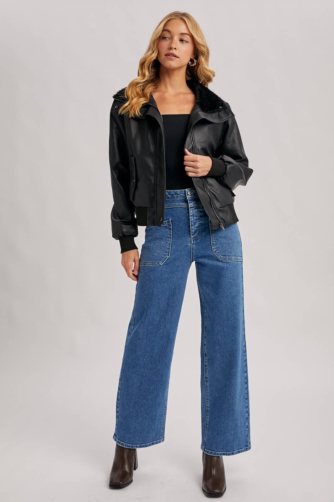 Bluivy - Wholesale Bomber Jacket - Women's - AVIATOR FAUX LEATHER AND FUR TRIMMED BOMBER JACKET13