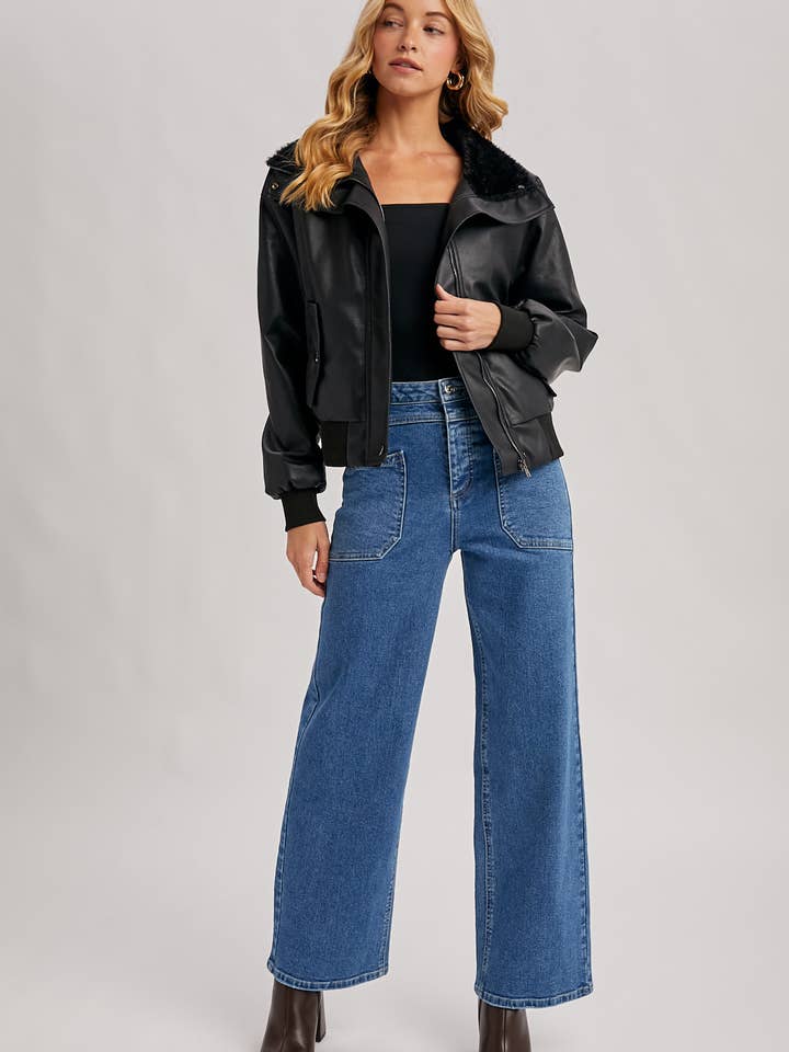 Bluivy - Wholesale Bomber Jacket - Women's - AVIATOR FAUX LEATHER AND FUR TRIMMED BOMBER JACKET13