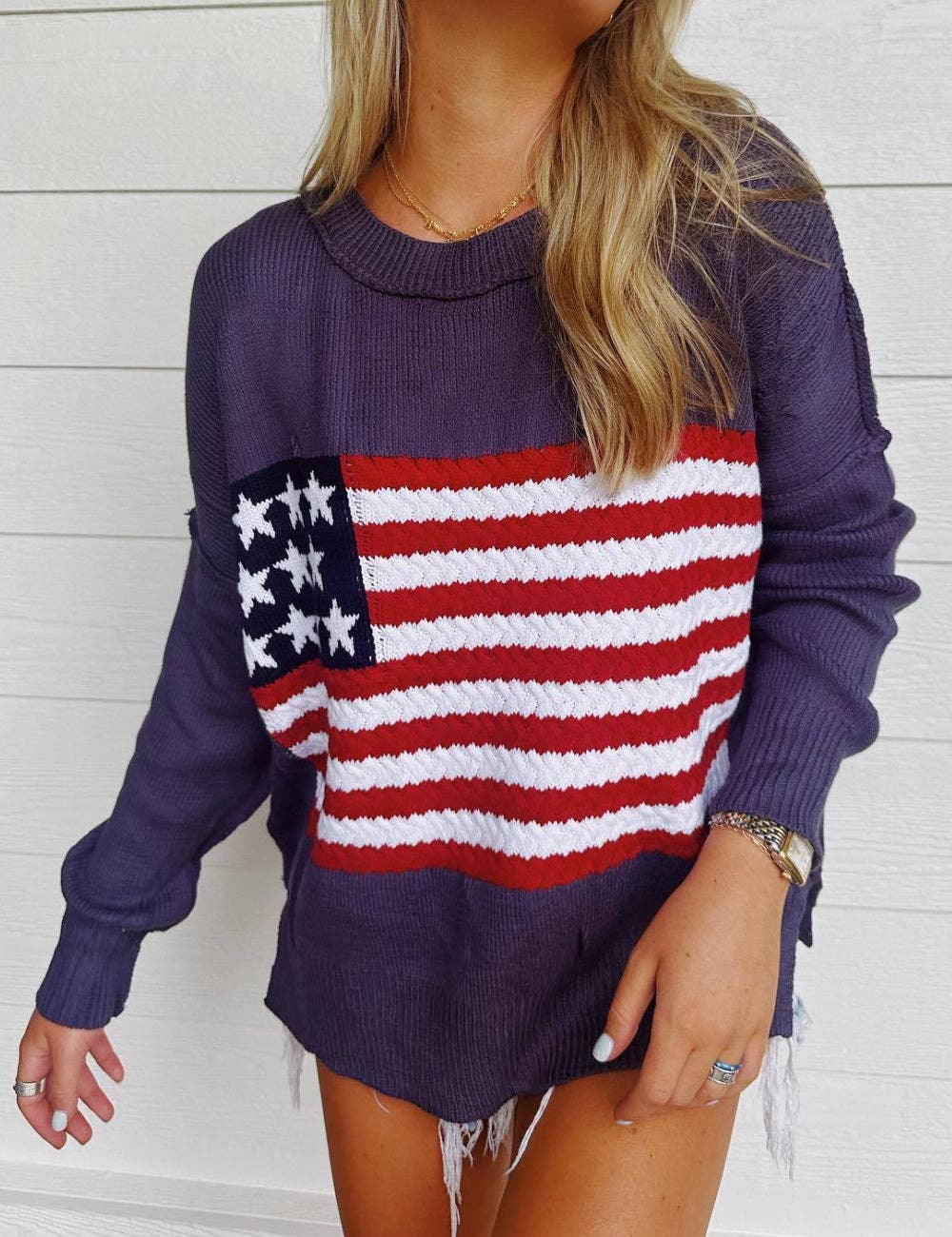 Sweetkama - Venta al por mayor Jersey de punto - Mujer - Jersey de Mujer con Cuello Redondo y Bandera Americana SKT4107011