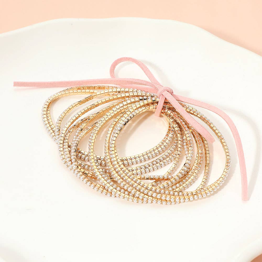 Sensibling Corp. - Wholesale Jewelry Set - 12PCS - Ribbon Pearl Rhinestone Layered Stretch Bracelets1