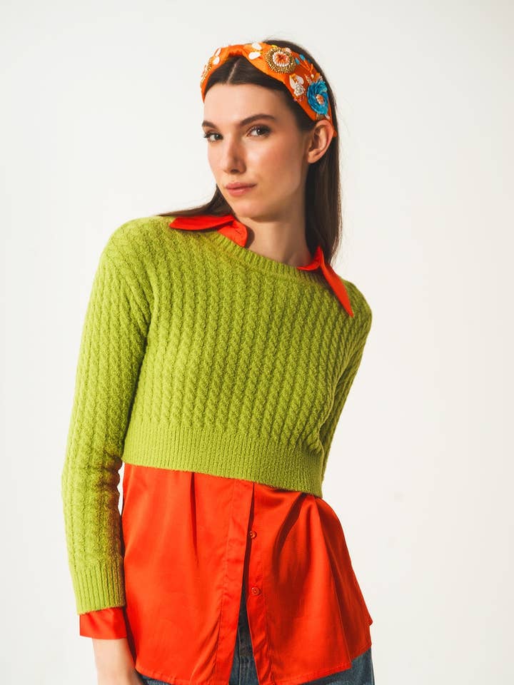 Round neck cable knit crop jumper in lime green for wholesale by Q2—All Orders:Free Duties for the US,UK,and Canada