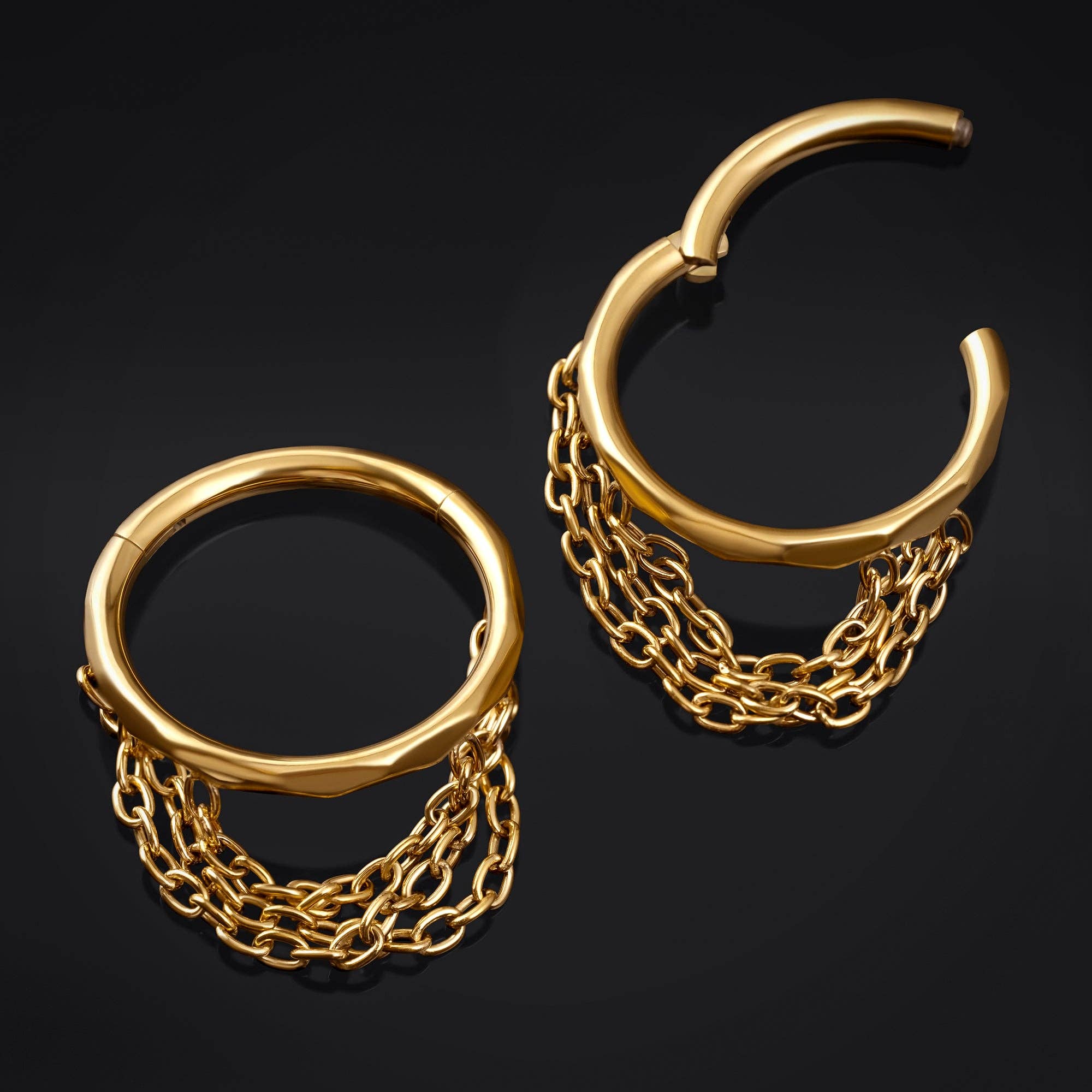 Custom Plugs - Wholesale Nose Ring - Gold Triple Chain Dangle ASTM F136 Titanium Segment Clicker Nose Helix Ear Ring0