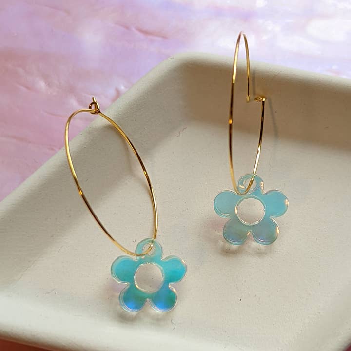 Retro Inspired Iridescent Daisy Hoop Earring for wholesale by KokiCraft