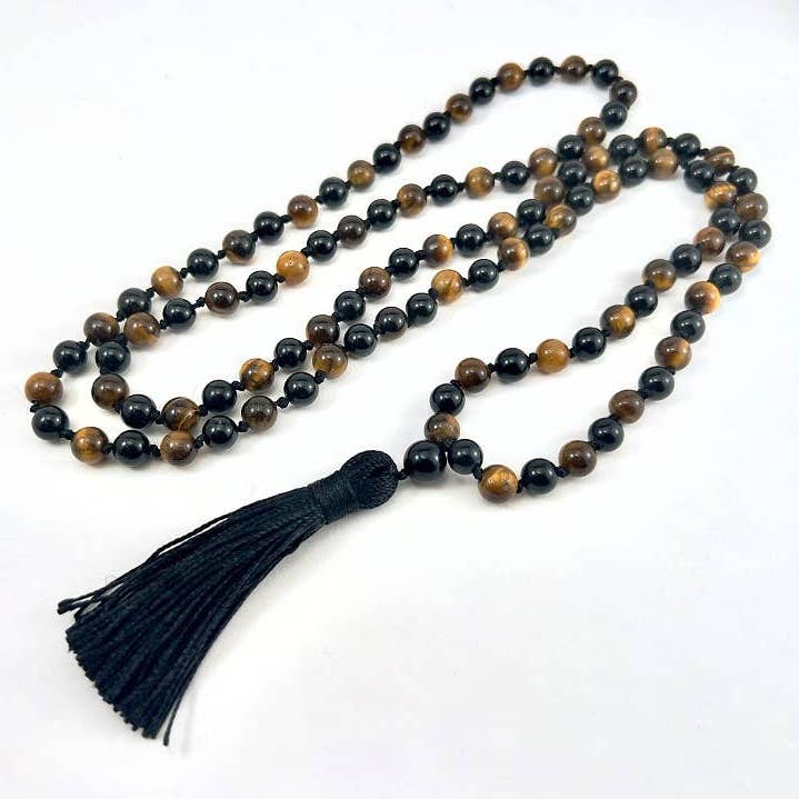 Namu Baru Inc. - Wholesale Ketting met gebedskralen - Tijgeroog en zwarte obsidiaan geknoopte 108 Bead Mala - 8 mm2