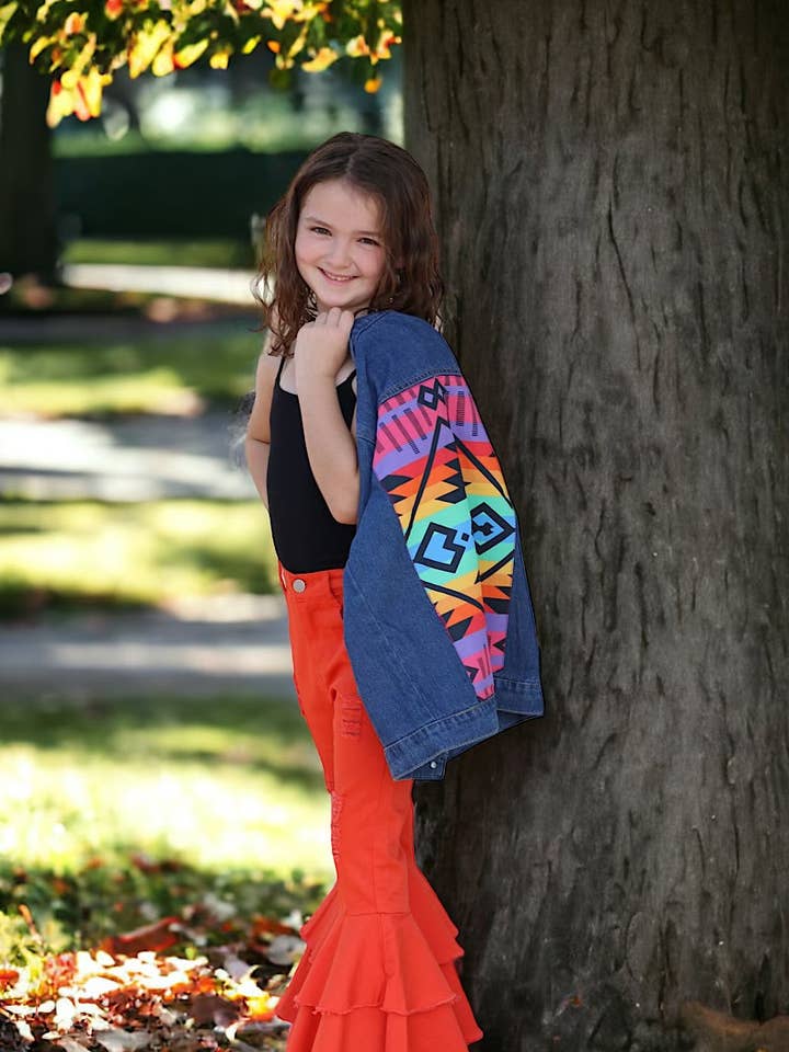 Kids Charm Online - Wholesale Denim Jacket - Kids - Dark Blue denim jacket w/aztec printed pocket & back. TPG65153053-WEN