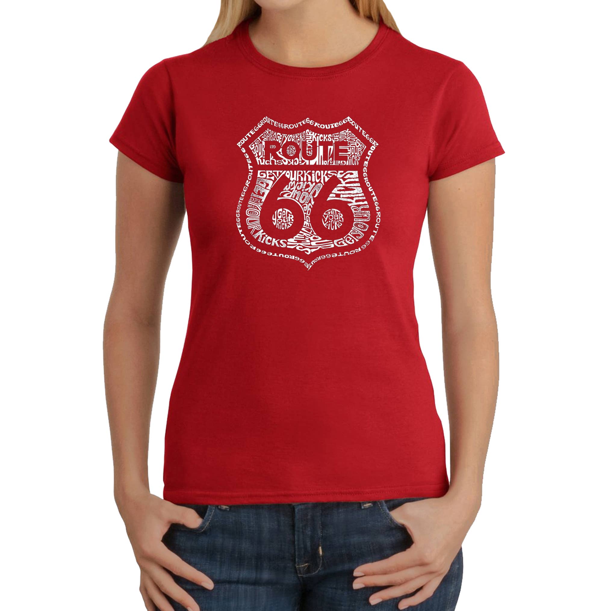 LA Pop Art - Wholesale Screen Printed T-Shirt - Women's - LA Pop Art Women's Word Art T-Shirt - Kicks on Route 666