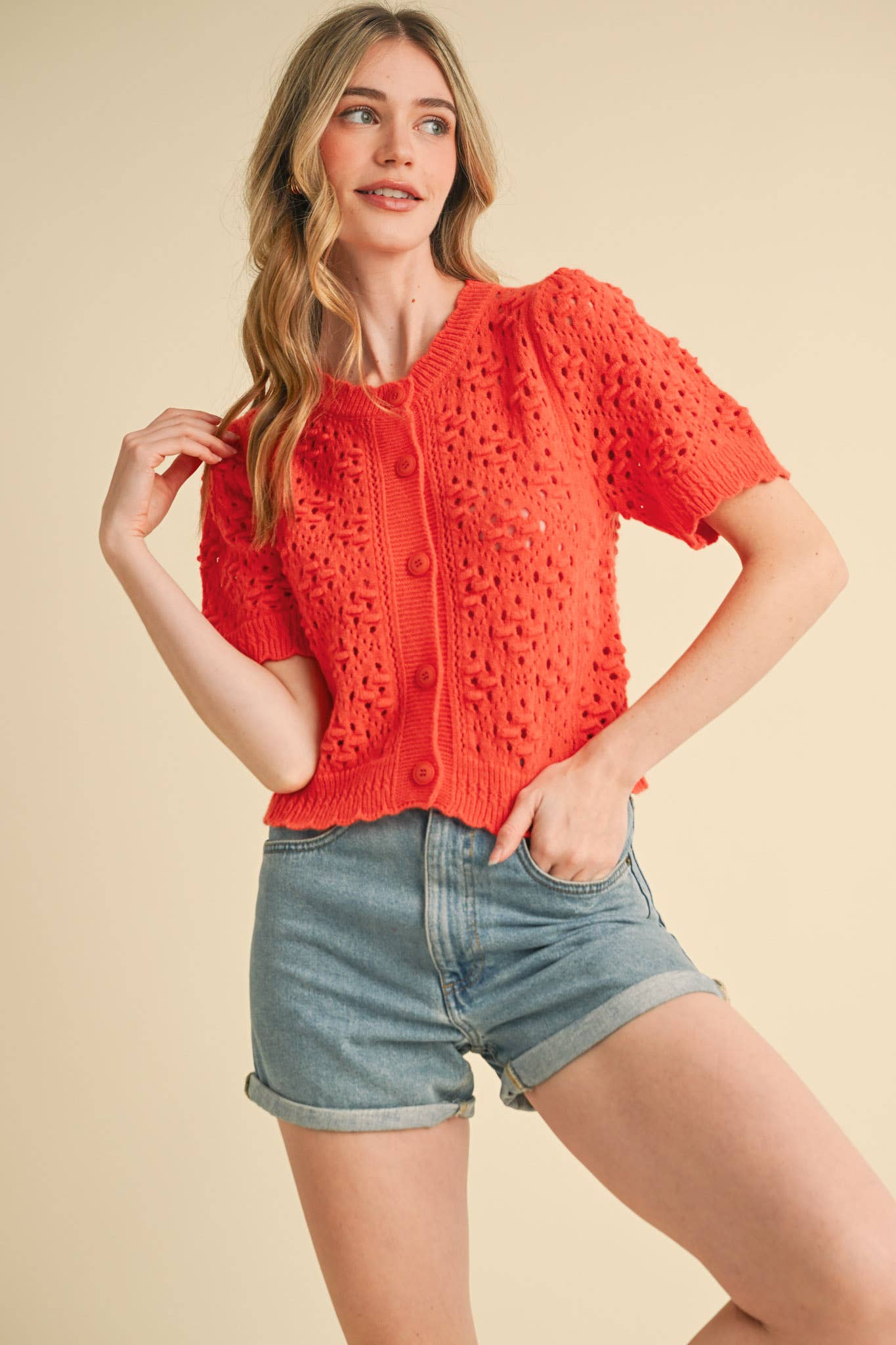 &MERCI - Wholesale Cardigan - Women's - CROPPED POINTELLE BUTTON DOWN SWEATER CARDIGAN MSW1085716