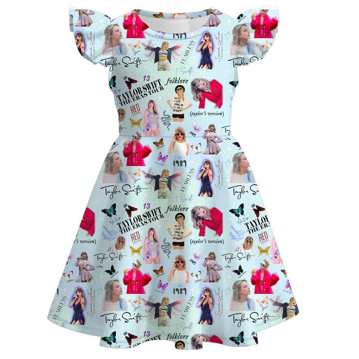 Little Trendy - Wholesale Dress - Kids - Taylor Swift TS print short sleeve ruffle dress5