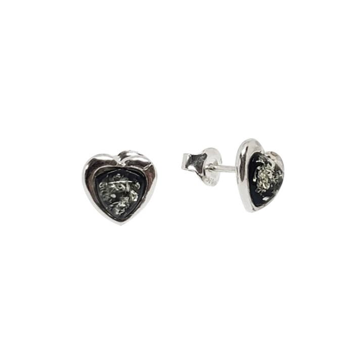 Amberman - Wholesale Stud/Post Earrings - Green Amber Sterling Silver Heart Stud Earrings