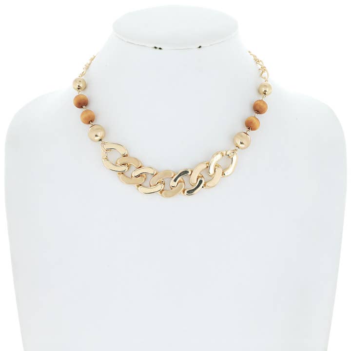 SP Sophia Collection - Wholesale Beaded/Pearl Necklace - Bohemian Cuban Link Chain & Wood Beaded Necklace