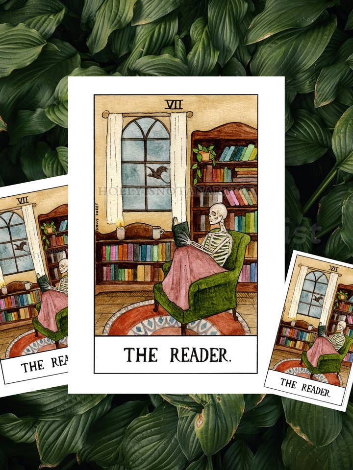 The Reader cost bookish skeleton print for wholesale by Holly Sweet illustration