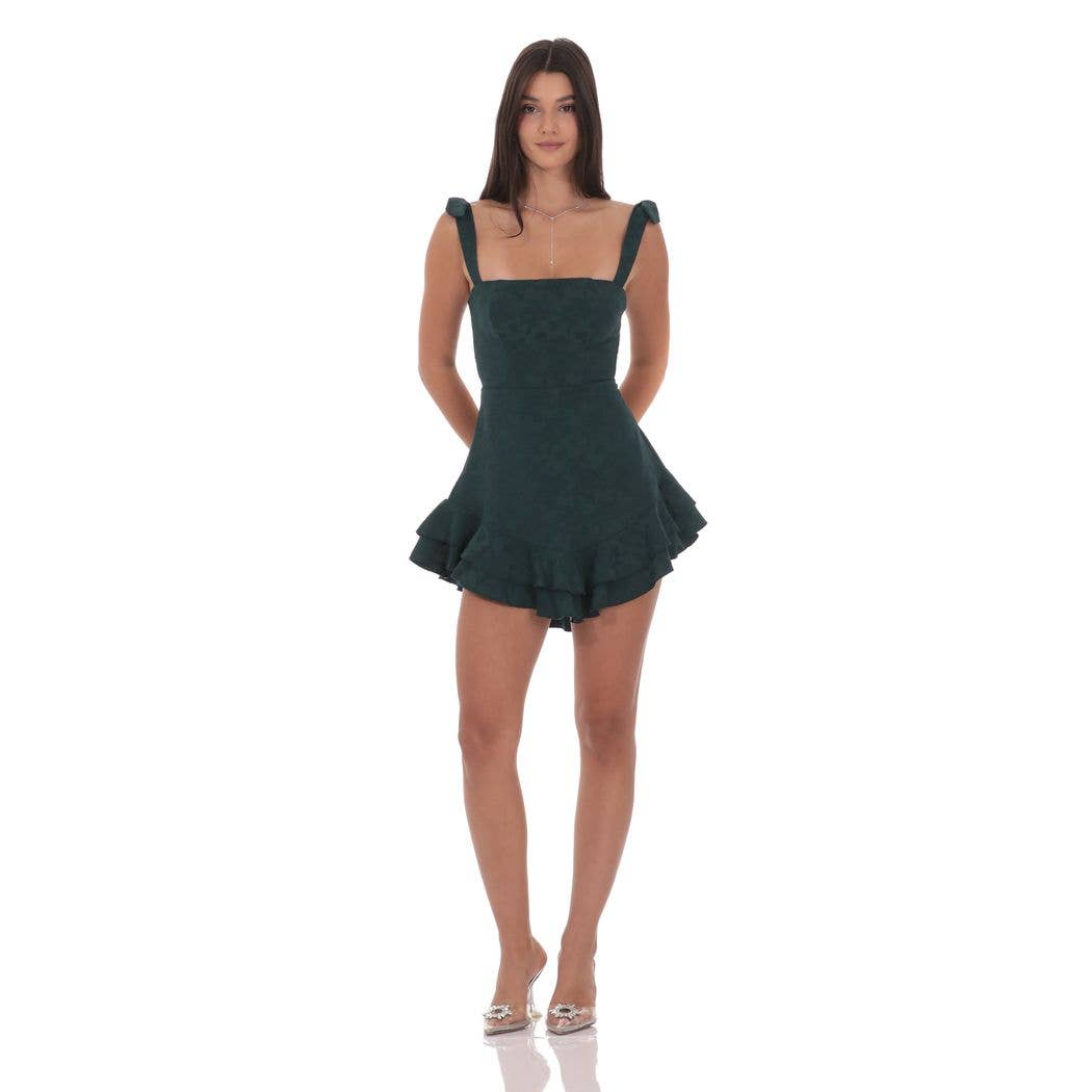 Lucy In The Sky - Wholesale Dress - Women's - Floral Jacquard Ruffle A-line Dress in Forest Green3