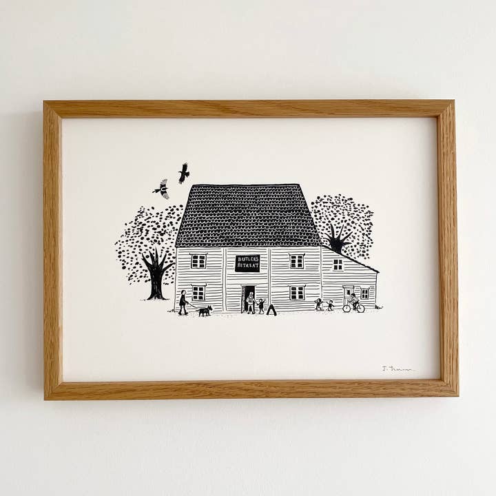 Butlers Retreat, signed Black and white A4 art print for wholesale by Juliet Thomas Doodles