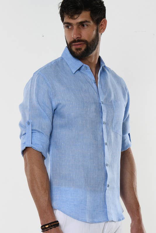 Azucar & Bohio - Vente Chemise à col boutonné – homme - Chemise en lin 100 % à manches longues retroussables, douce au toucher7
