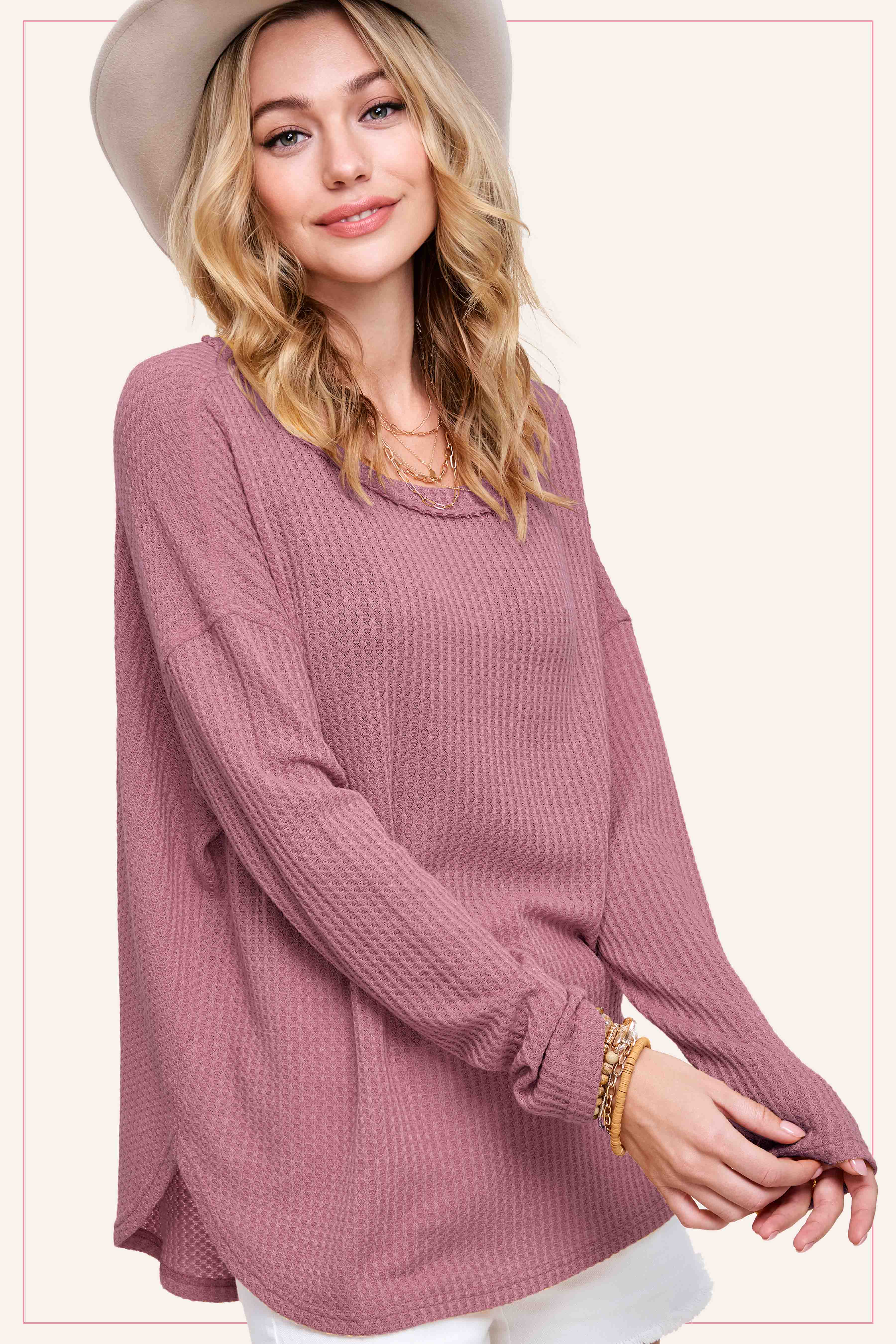 La Miel - Wholesale Tunic - Women's - HAT7566-Brushed Waffle Fabric Loose Fit Long Sleeve Top4