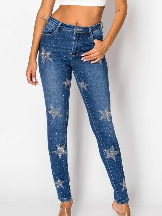 G42 2 E - Star Embellished Blue Denim Skinny Jeans for wholesale by Nina Rossi Jeans