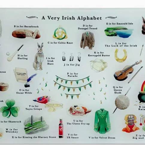 Planche à découper en verre - Alphabet irlandais pour la vente par Simple Fine Food