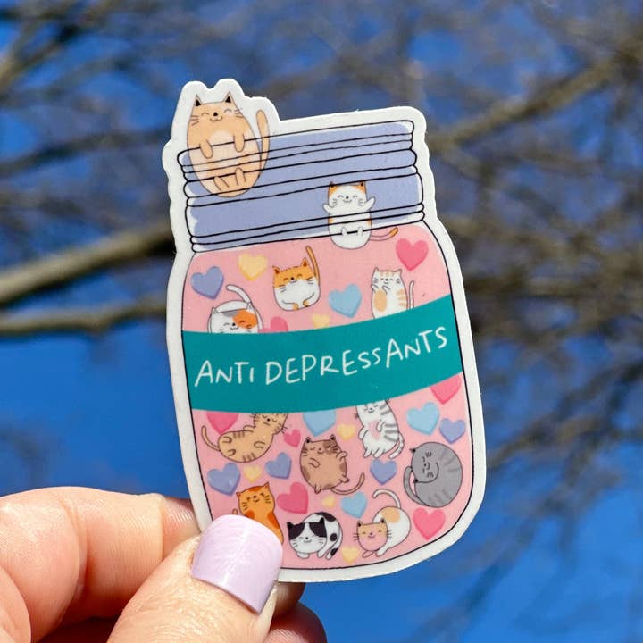 Peach Tree Design Shop – wholesale Klistermärke – Söt katt och hund älskare antidepressiva mental hälsa klistermärke