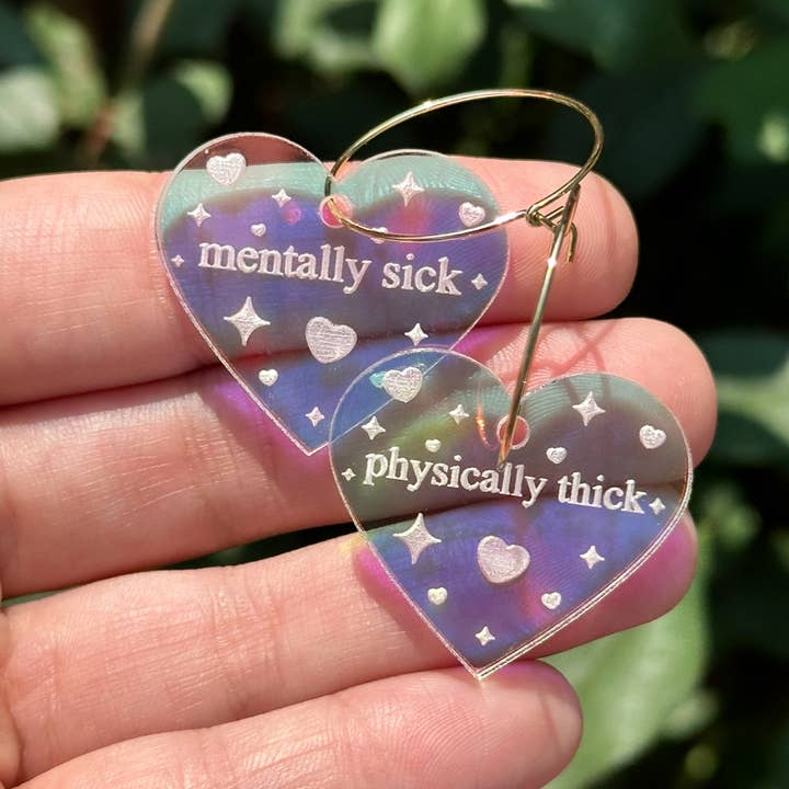 ShlemonArt - Wholesale Hoop Earrings - Mentally Sick, Physically Thick Heart Hoop Earrings