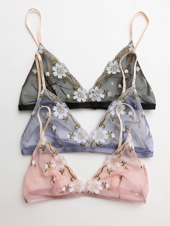 Leto Accessories - Wholesale Bralette - Women's - Floral Embroidered Mesh Lingerie Bralette